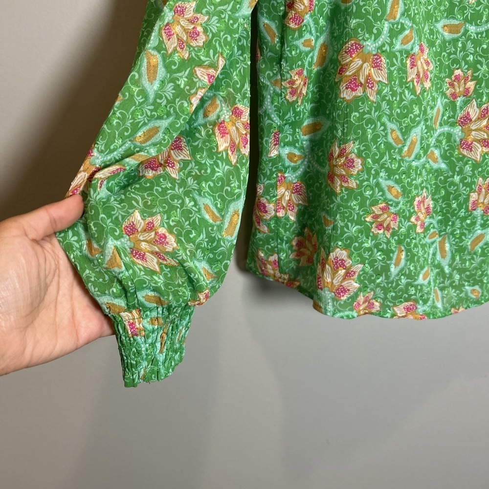 Joie Blouse Top Womens M Green Floral Pullover Peasant Cottagecore Boho Prairie - Picture 6 of 12